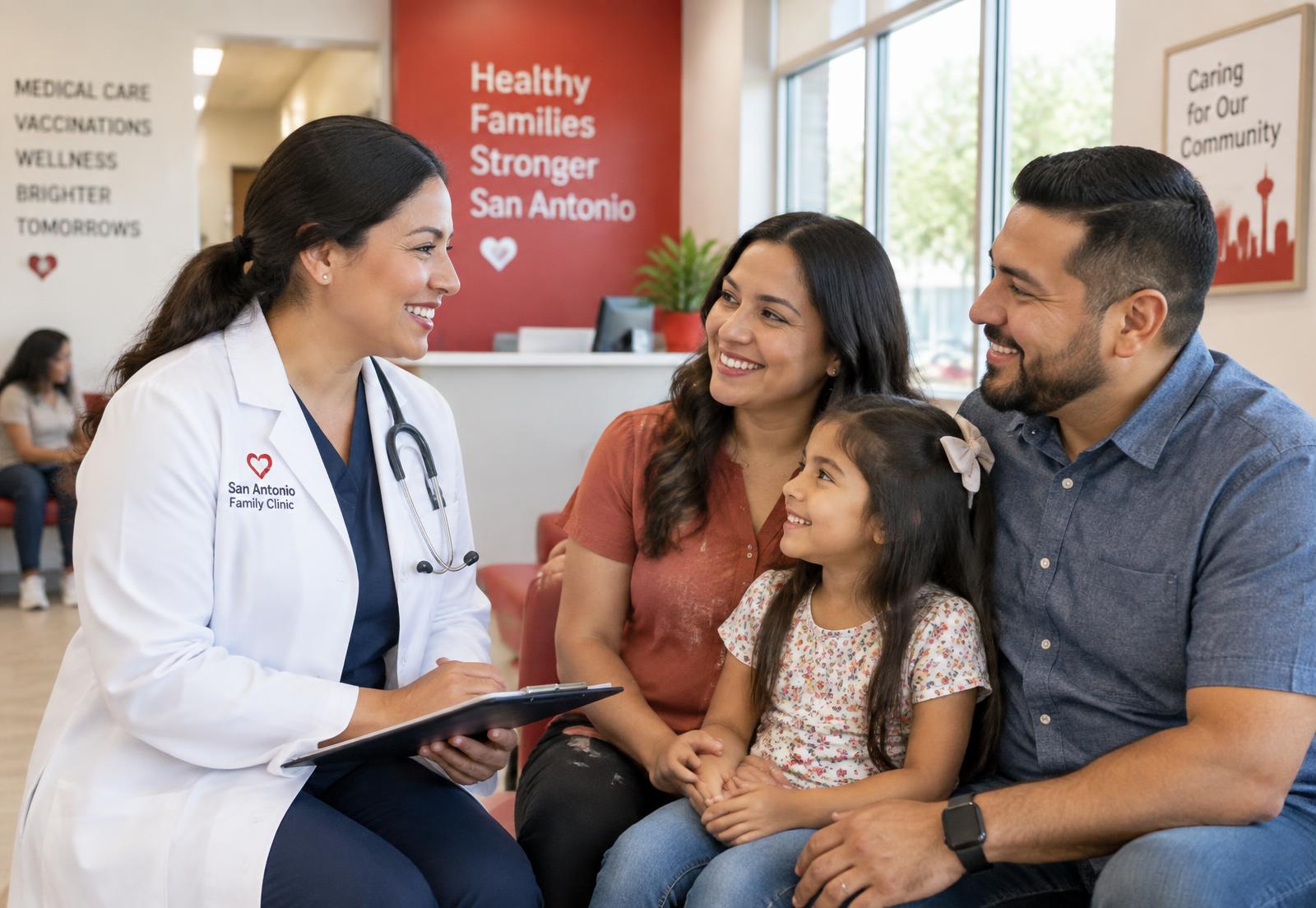 Familia hispana conversando con una doctora en una clínica familiar de San Antonio
